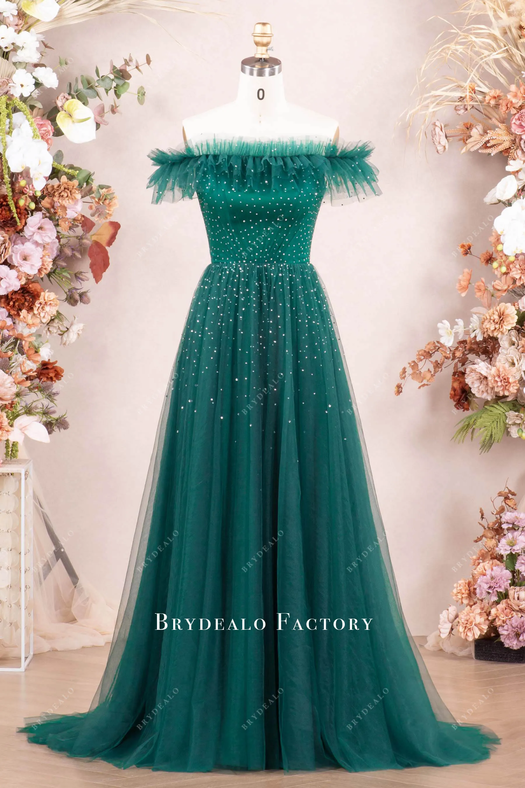 Shimmer Dark Green Tulle A-line Long Evening Prom Dress