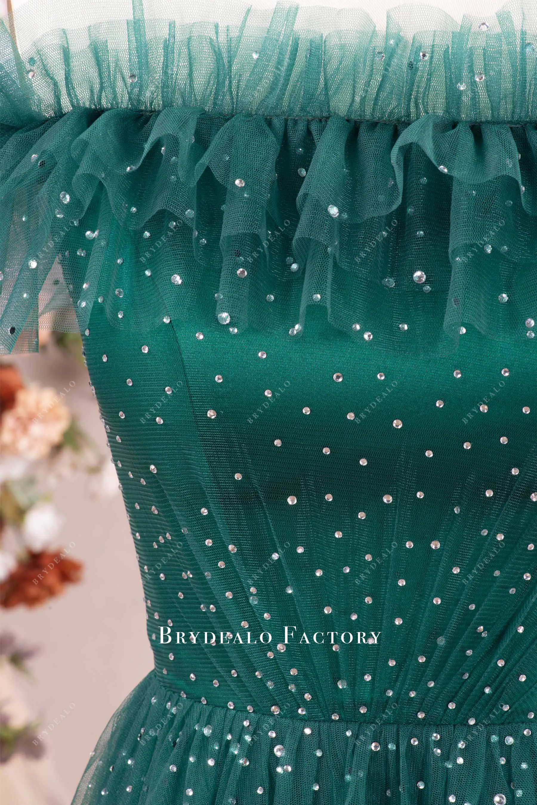 Shimmer Dark Green Tulle A-line Long Evening Prom Dress