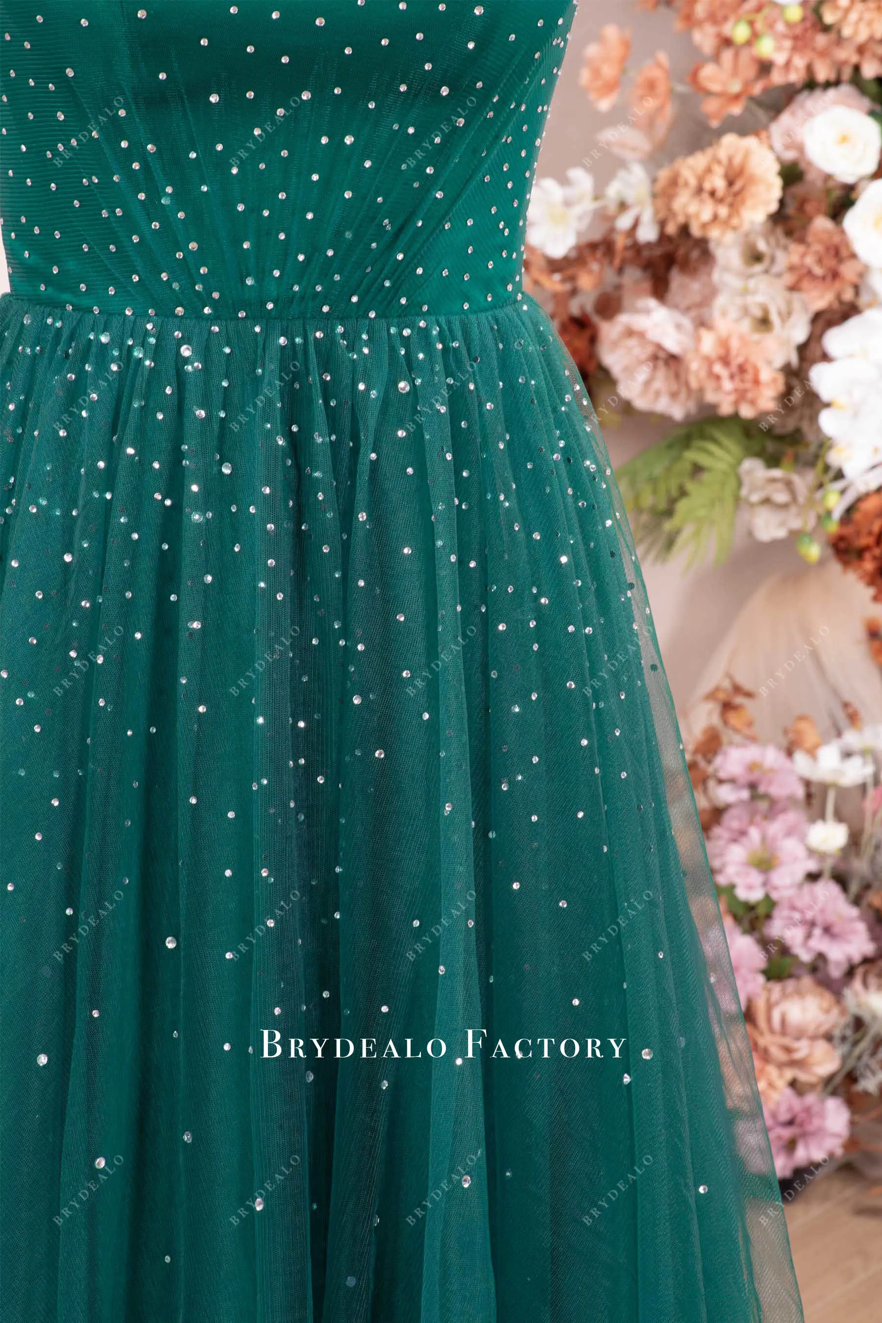 Shimmer Dark Green Tulle A-line Long Evening Prom Dress