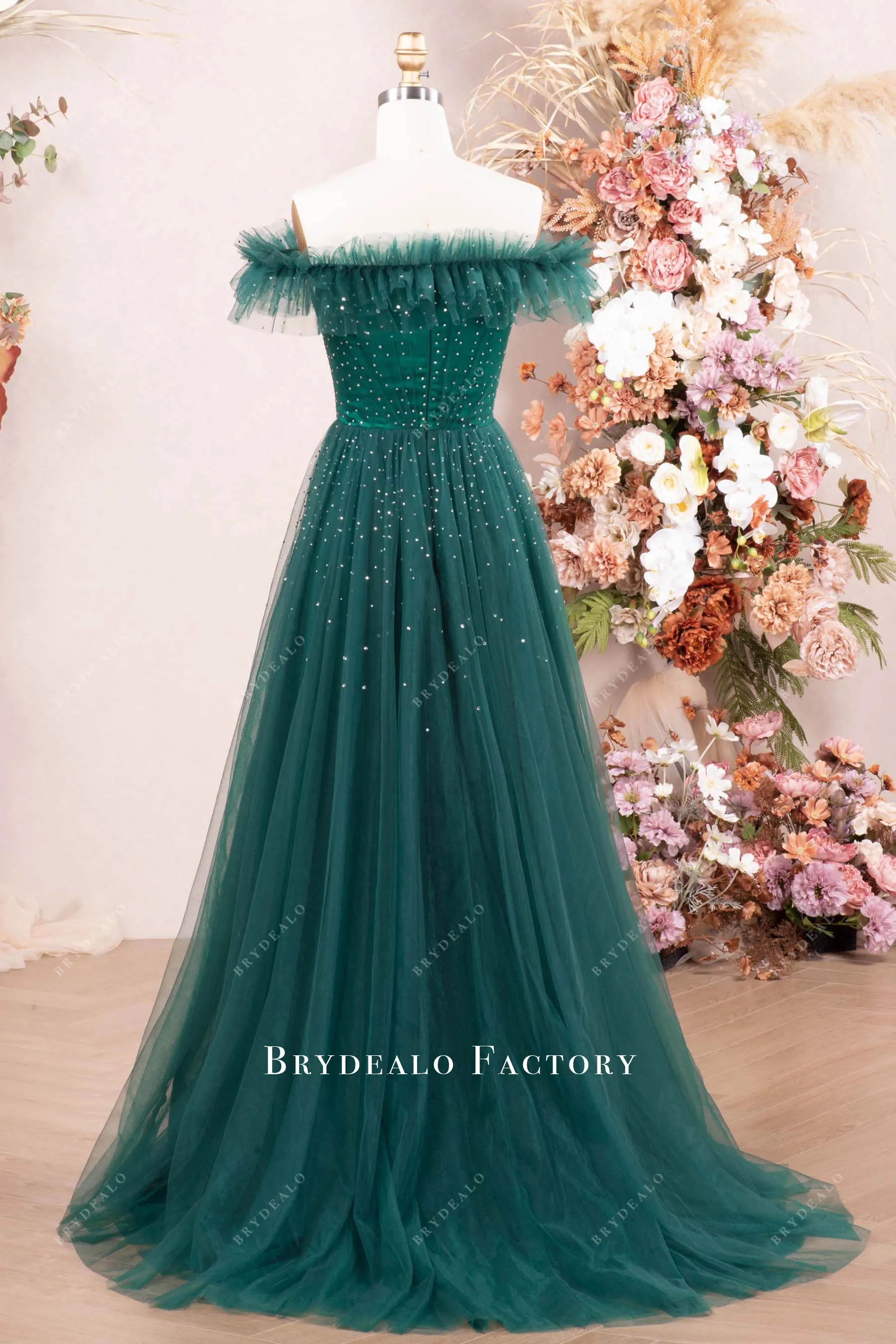 Shimmer Dark Green Tulle A-line Long Evening Prom Dress