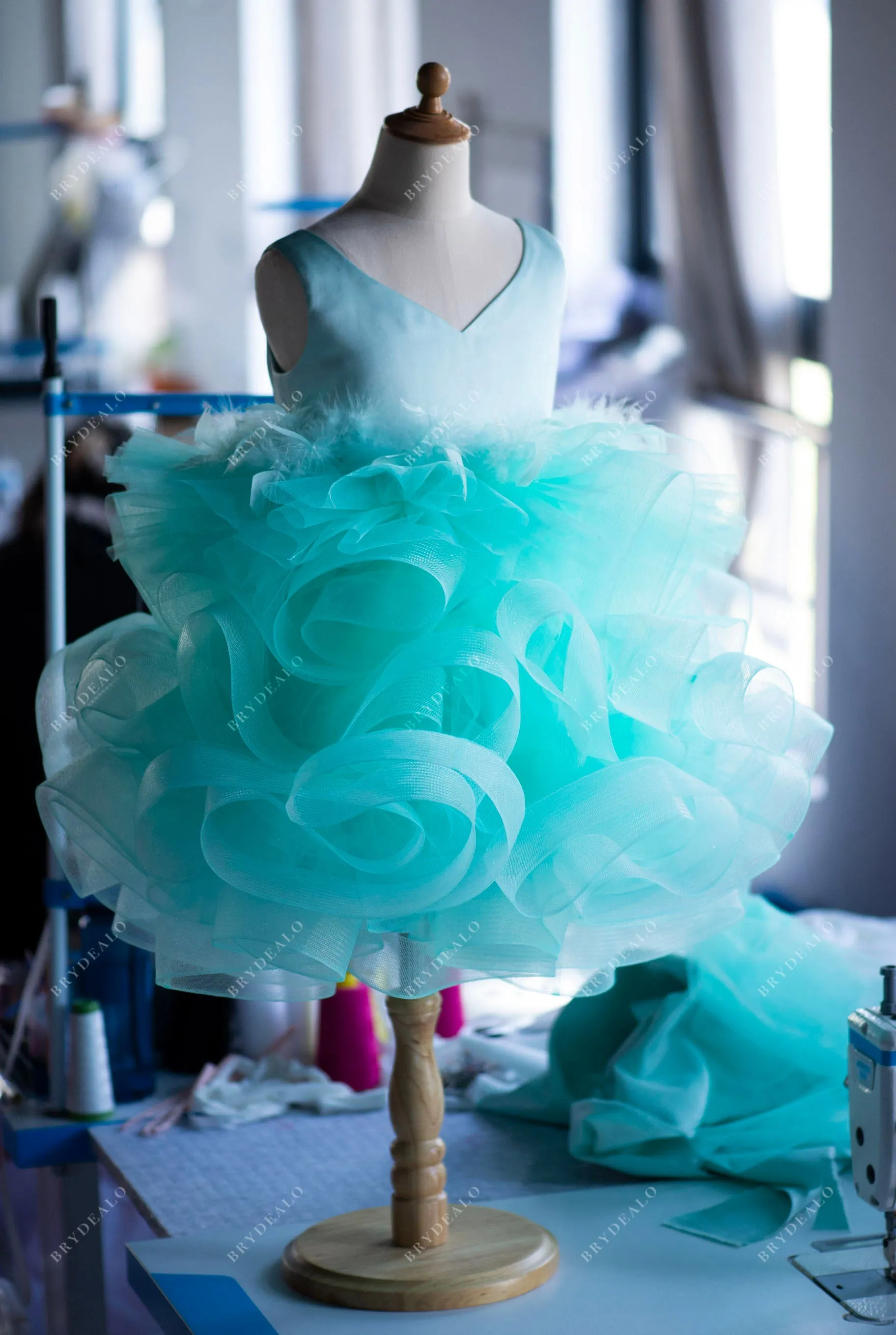 Spa Green Satin Ruffled Tulle Knee Length Flower Girl Dress Online