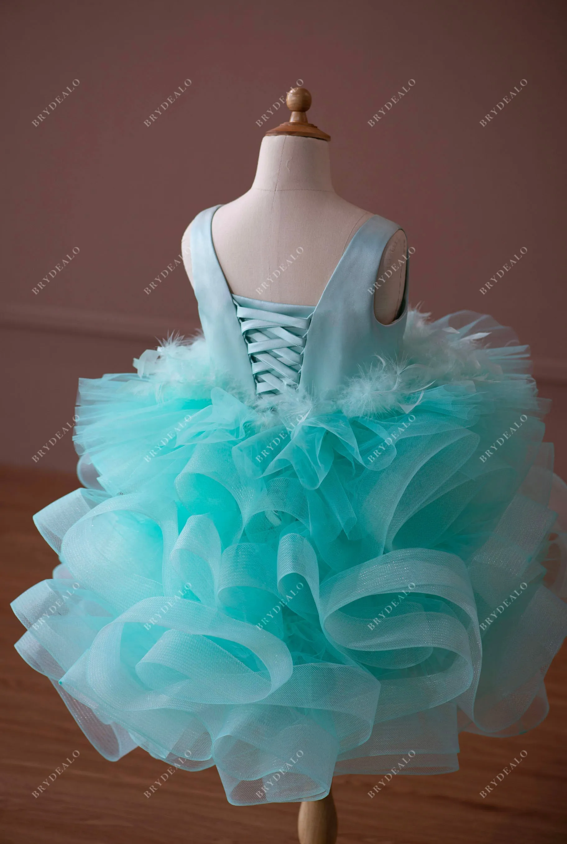 Spa Green Satin Ruffled Tulle Knee Length Flower Girl Dress Online