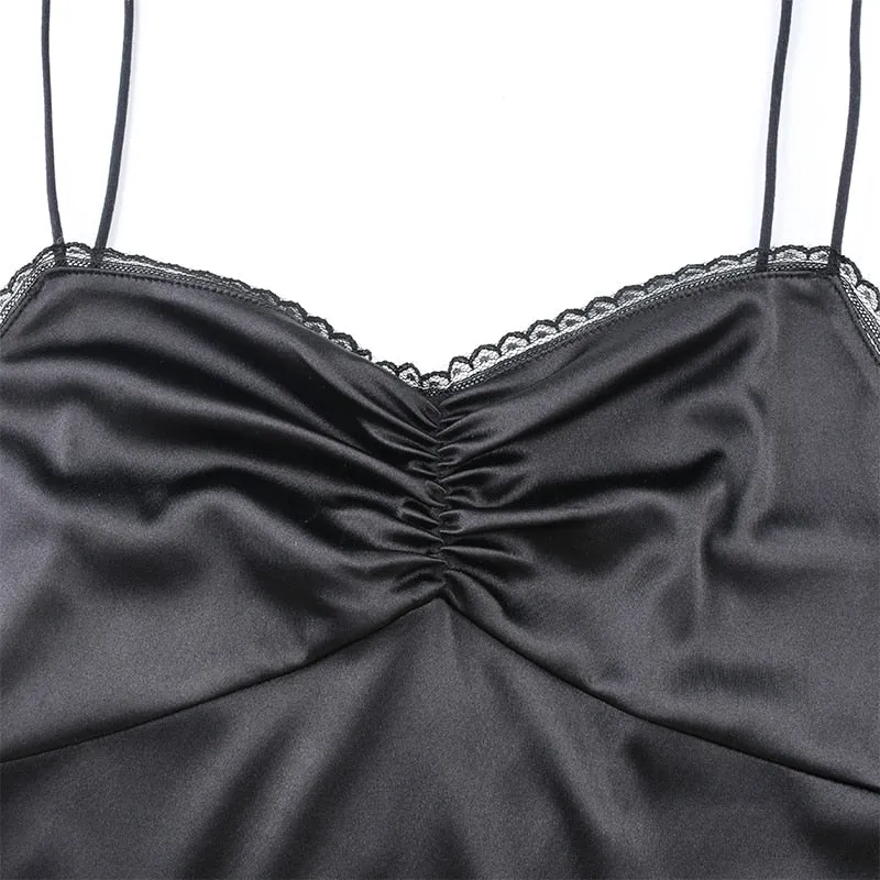 Strappy Satin Ruched Black Mini Lace Spliced Side Split Sundress Backless Dresse