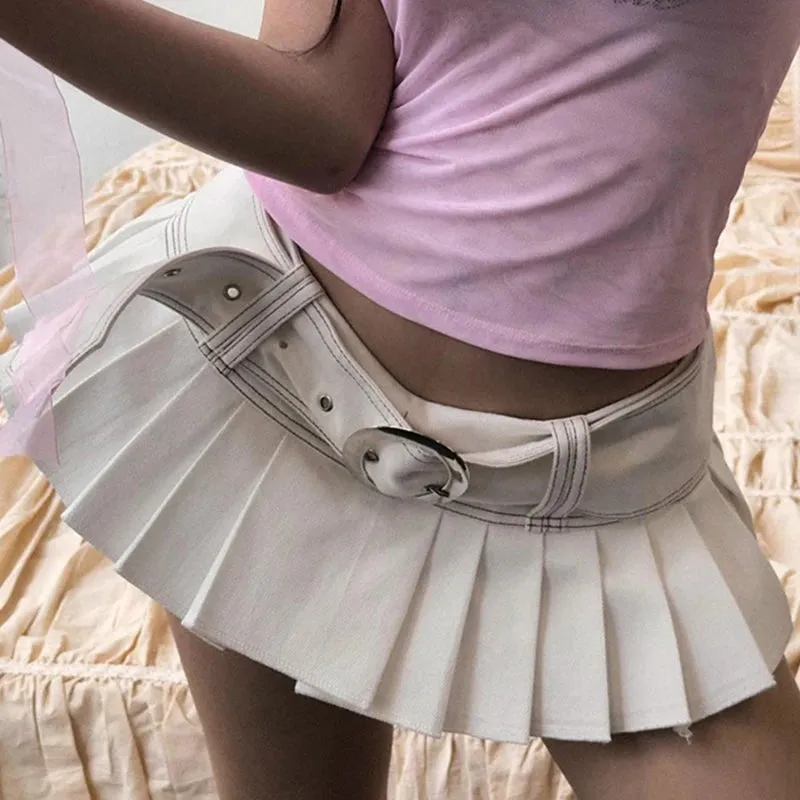 Streetwear White Summer Denim Skirt Women With Belt Low Waisted Hottie Sexy Pleated Skirt Mini Stitching Girls Bottom