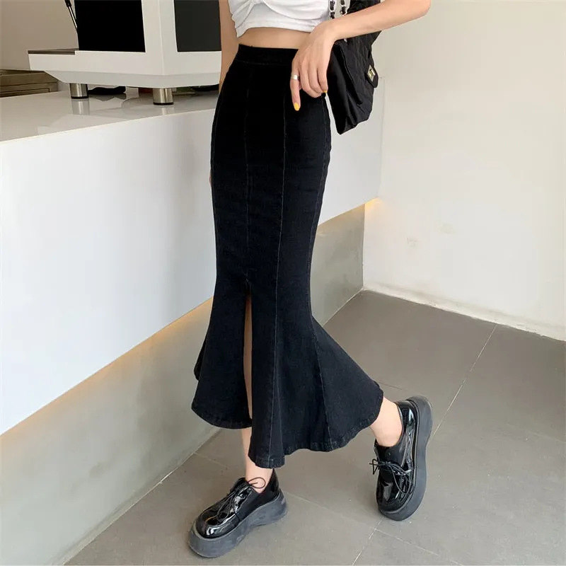 Stretched Women Mermaid Denim Skirt Summer High Waist Split Fork Black Fashion Ruffles Midi Jeans Skirt Korean Casual Falda