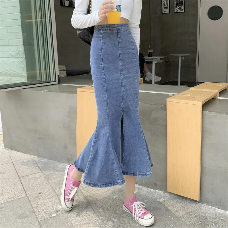 Stretched Women Mermaid Denim Skirt Summer High Waist Split Fork Black Fashion Ruffles Midi Jeans Skirt Korean Casual Falda