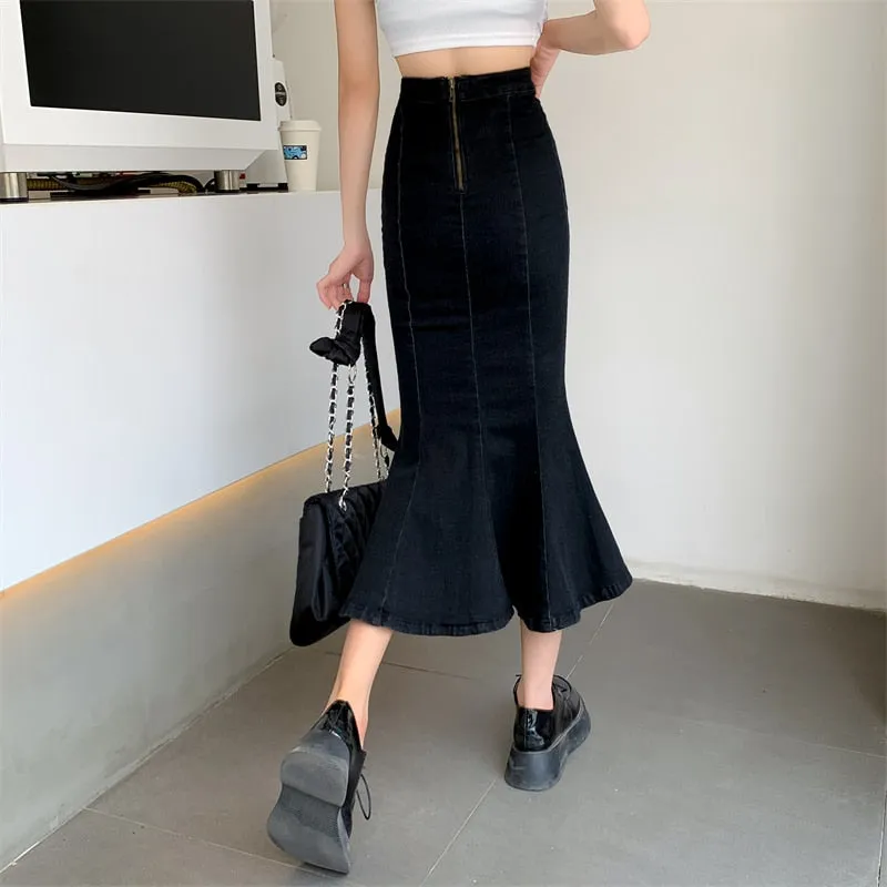 Stretched Women Mermaid Denim Skirt Summer High Waist Split Fork Black Fashion Ruffles Midi Jeans Skirt Korean Casual Falda