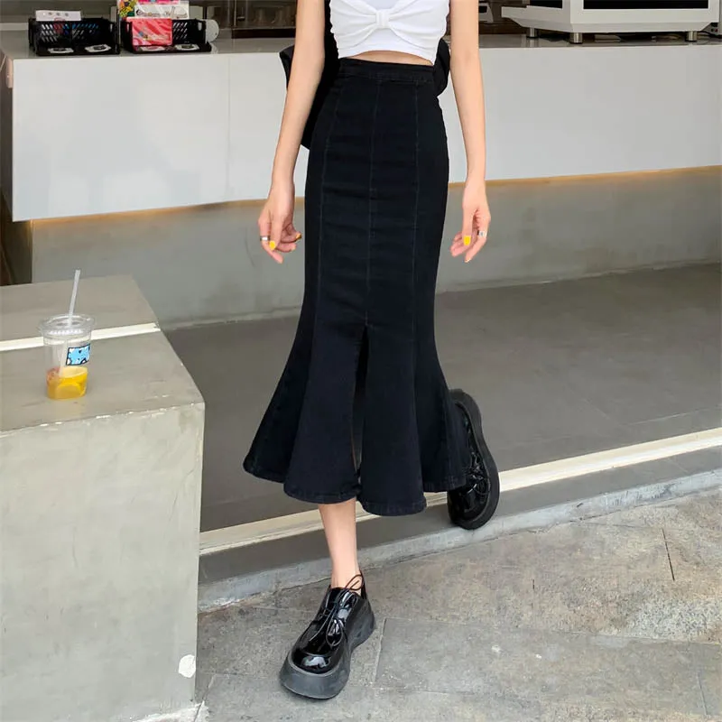 Stretched Women Mermaid Denim Skirt Summer High Waist Split Fork Black Fashion Ruffles Midi Jeans Skirt Korean Casual Falda