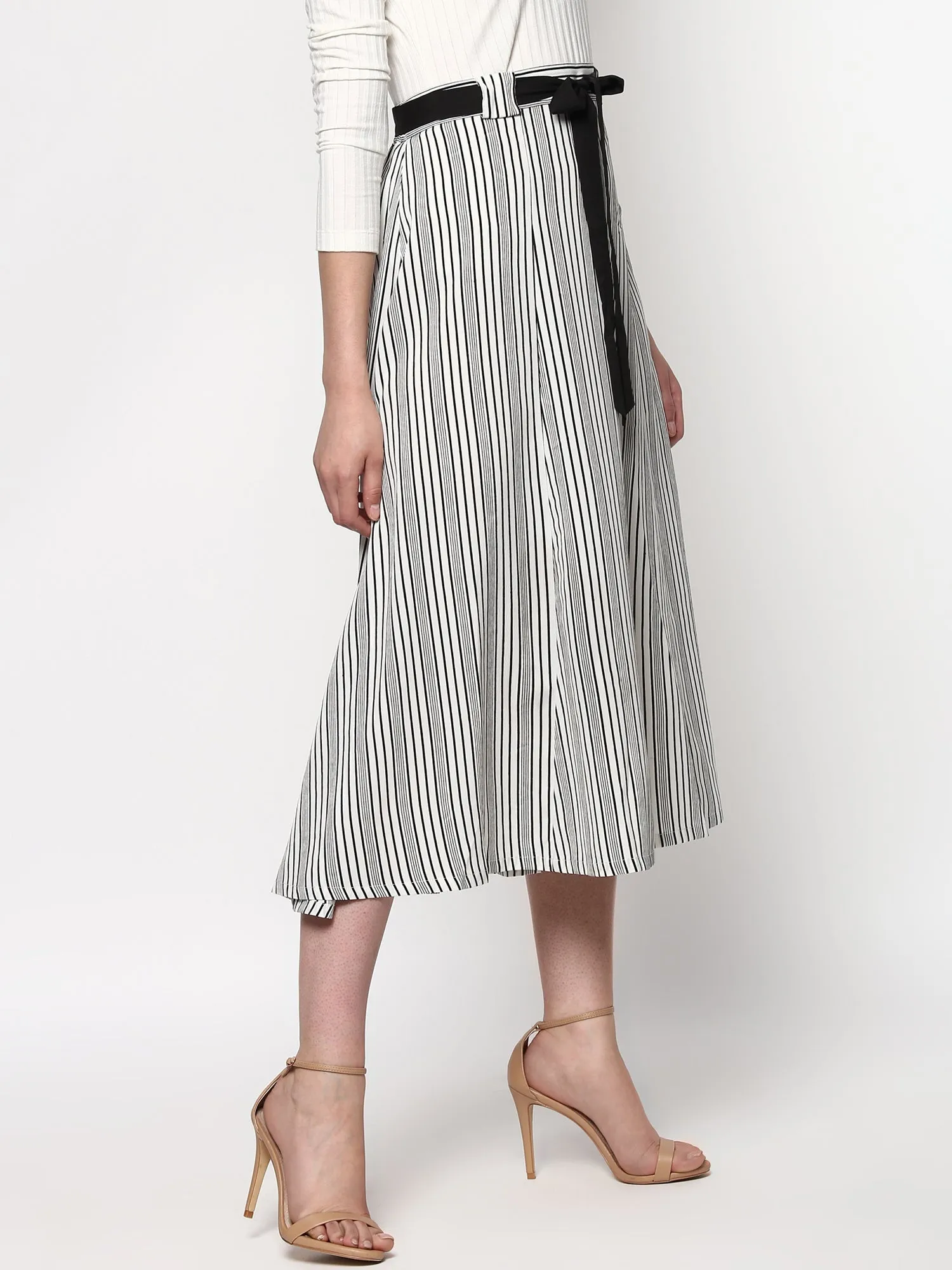 Striped Printed Flared Belted Midi Skirt