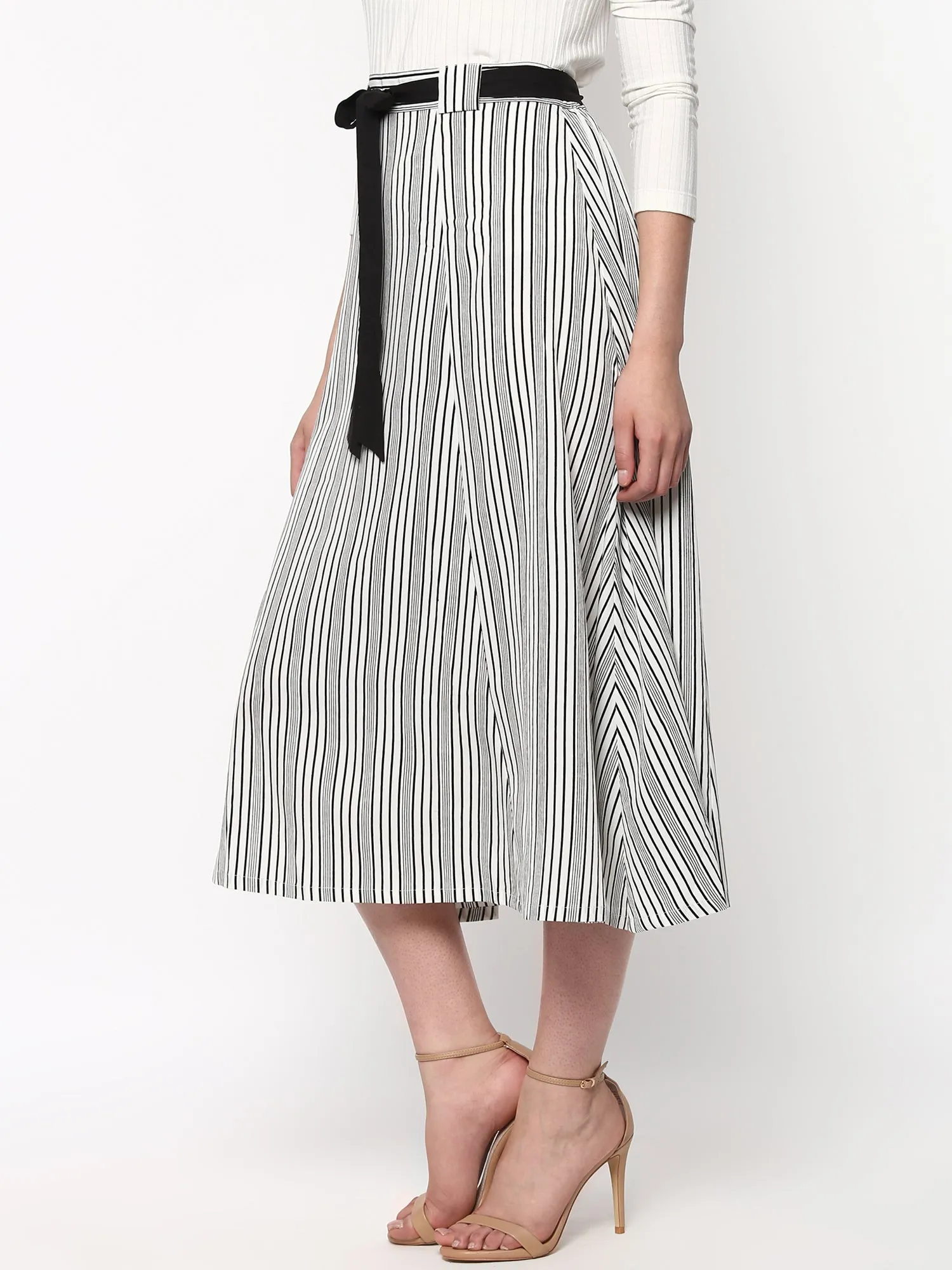 Striped Printed Flared Belted Midi Skirt