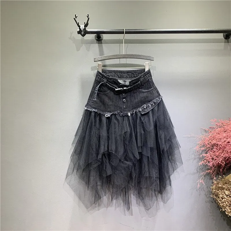 Summer Mini Tutu Tulle Skirt Gothic Punk Women High Waist Irregular Denim Skirts Club Party Mesh Patchwork Short Jeans Jurken