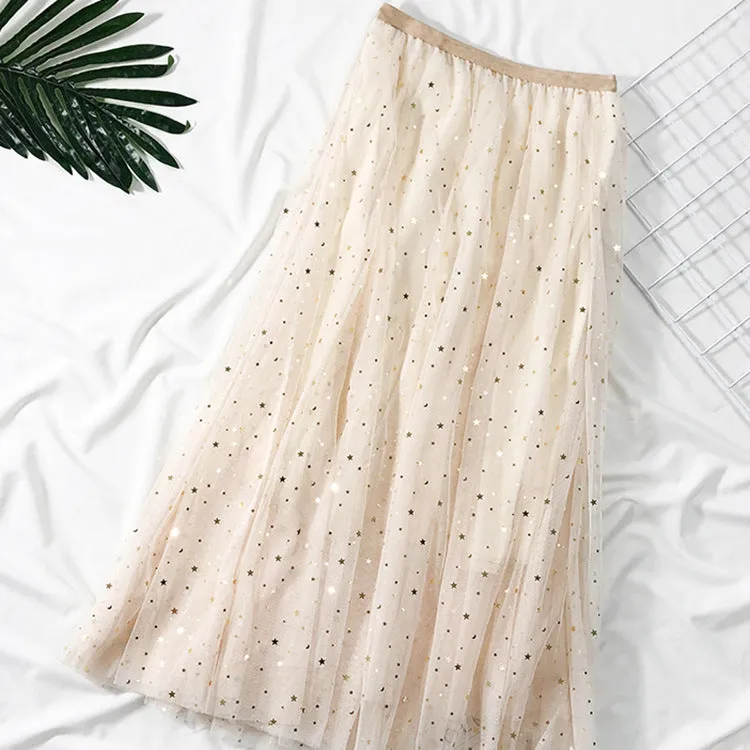 Summer New Ins Fairy High Waist Mid-length Star Moon Half-length Tulle Skirt