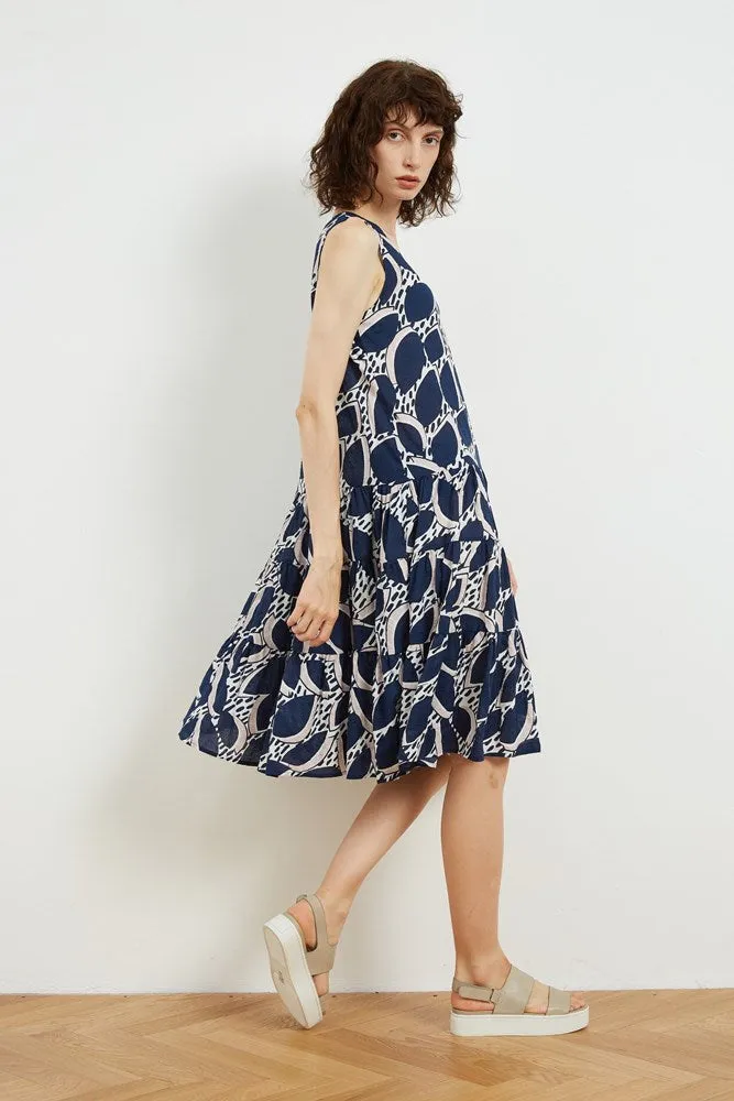 Tirelli High Neck A-Line Dress Blue Flora