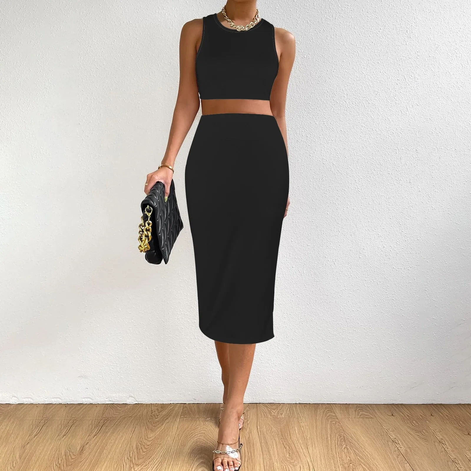 Tokyo Collection: Black Crop Top and Pencil Skirt Set