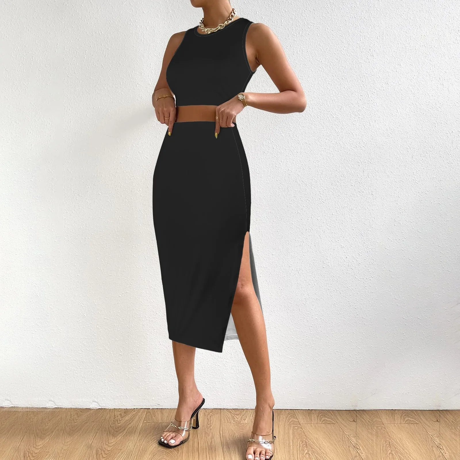 Tokyo Collection: Black Crop Top and Pencil Skirt Set