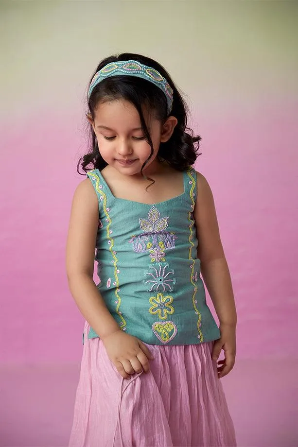 Twinkling Firefly- Mint Hand Embroidered Kurta with Orchid Pink Gathered Skirt for Girls