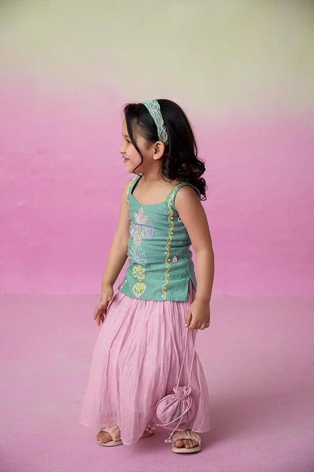 Twinkling Firefly- Mint Hand Embroidered Kurta with Orchid Pink Gathered Skirt for Girls