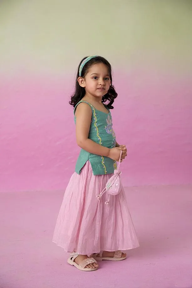 Twinkling Firefly- Mint Hand Embroidered Kurta with Orchid Pink Gathered Skirt for Girls