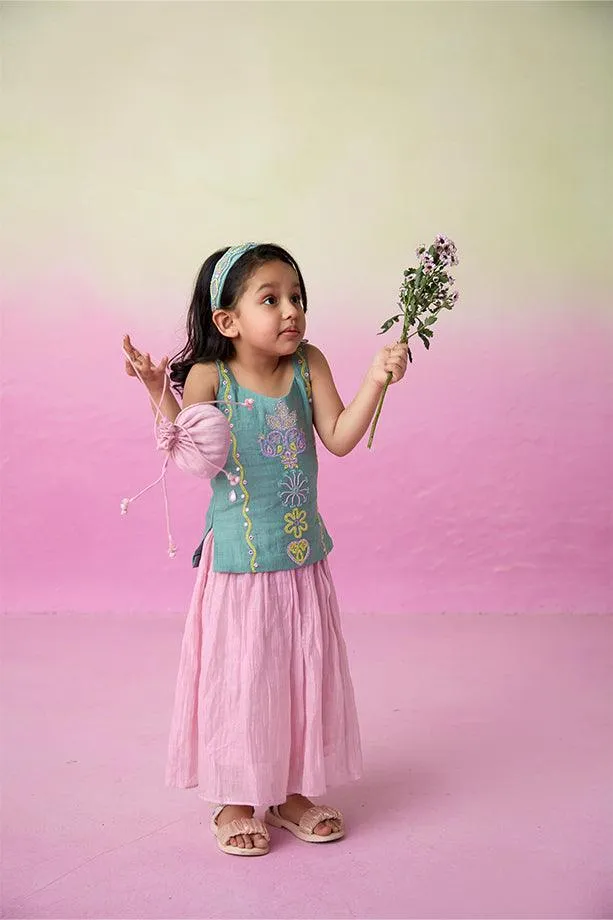 Twinkling Firefly- Mint Hand Embroidered Kurta with Orchid Pink Gathered Skirt for Girls