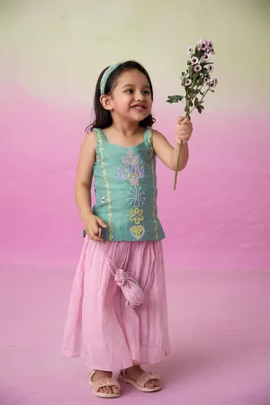 Twinkling Firefly- Mint Hand Embroidered Kurta with Orchid Pink Gathered Skirt for Girls