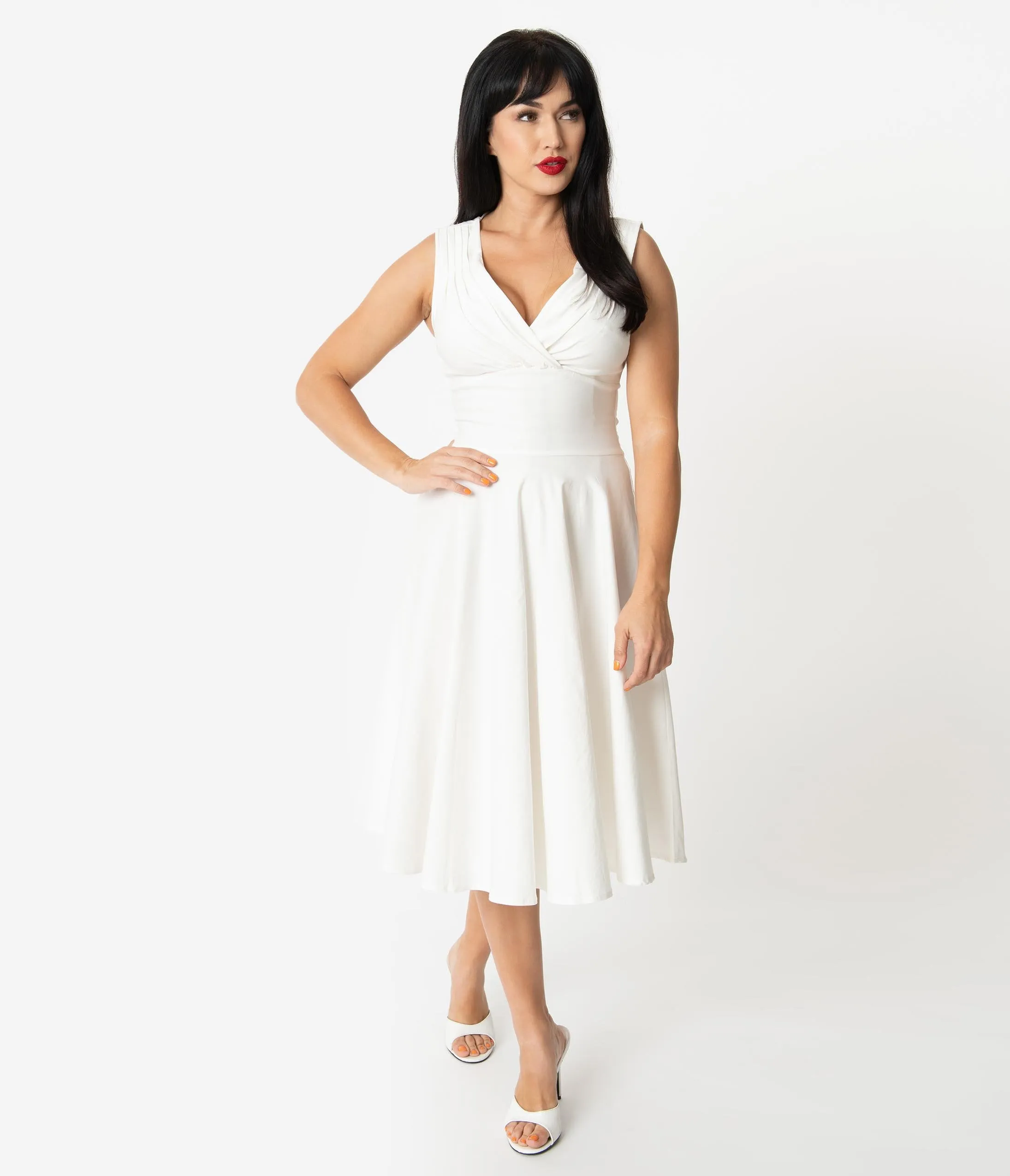 Unique Vintage 1950s Style Ivory Sleeveless Delores Swing Dress