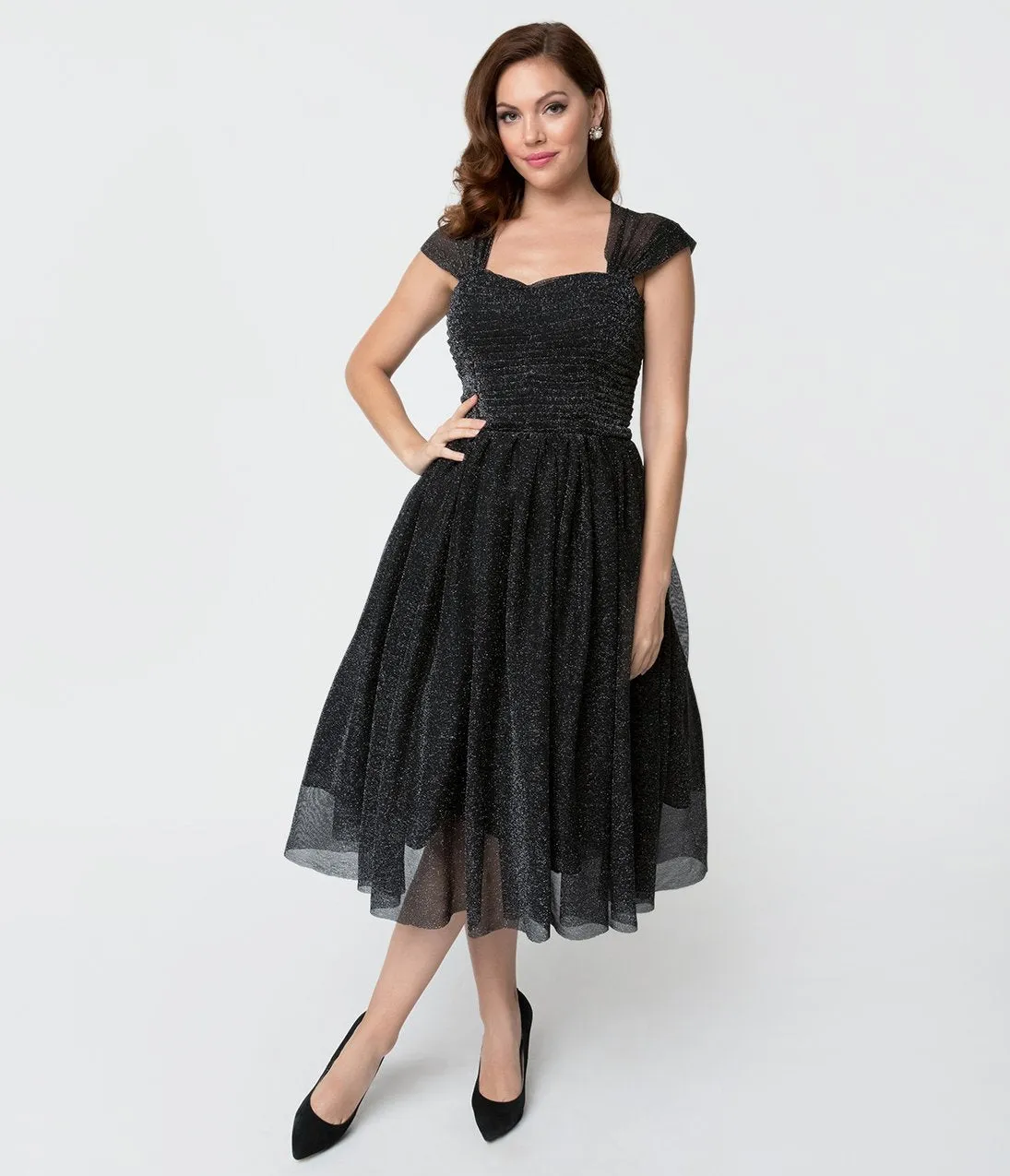 Unique Vintage Black & Silver Glitter Garden State Mesh Cocktail Dress