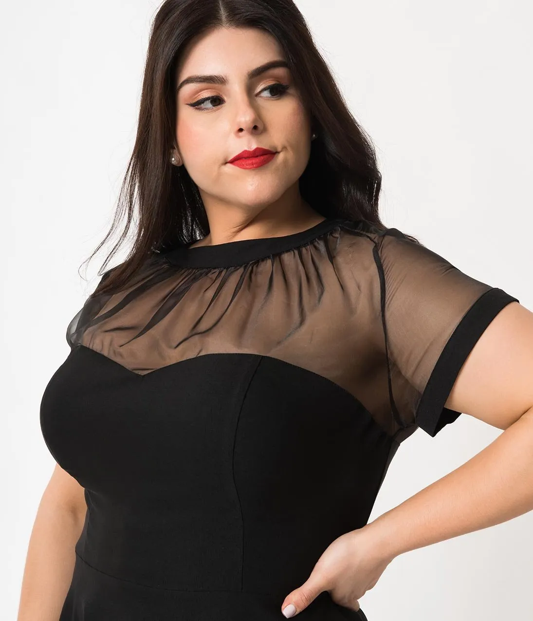 Unique Vintage Plus Size 1950s Black Sheer Bodice Shirelle Swing Dress