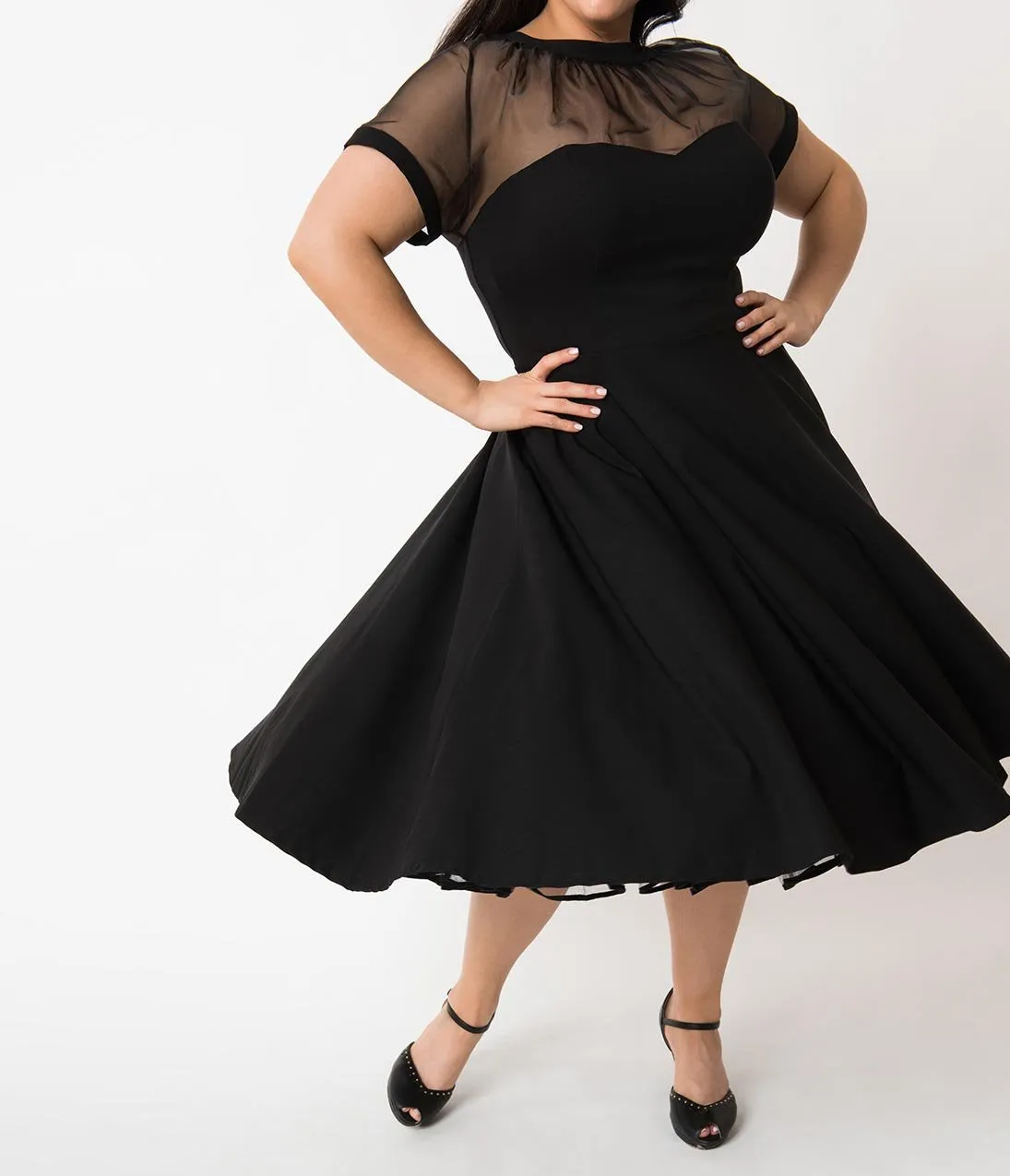 Unique Vintage Plus Size 1950s Black Sheer Bodice Shirelle Swing Dress