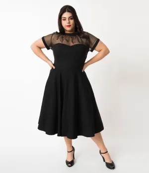 Unique Vintage Plus Size 1950s Black Sheer Bodice Shirelle Swing Dress