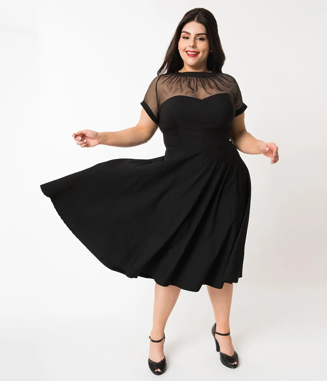 Unique Vintage Plus Size 1950s Black Sheer Bodice Shirelle Swing Dress