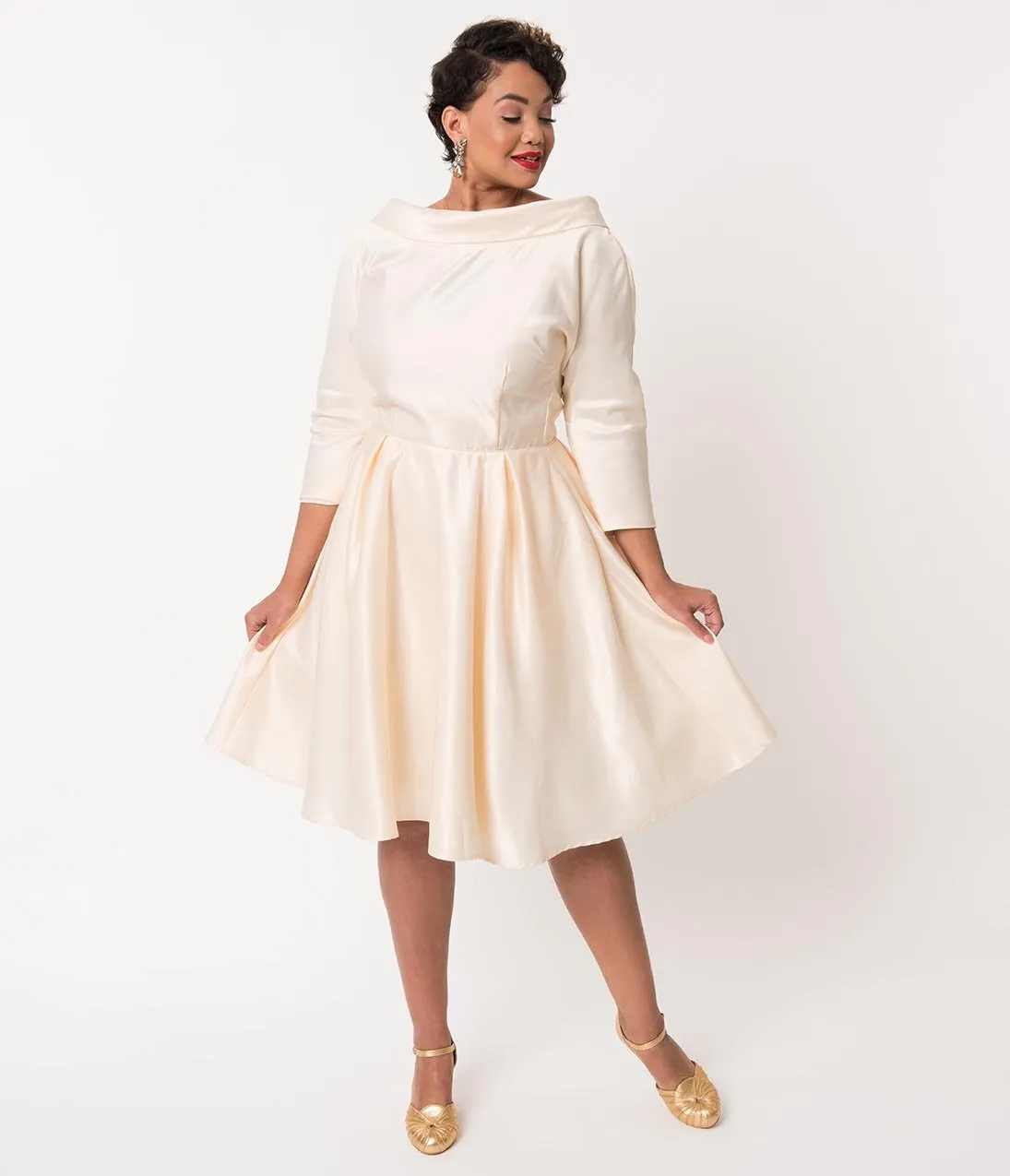 Unique Vintage Plus Size 1950s Style Cream Satin Sleeved Lana Bridal Dress