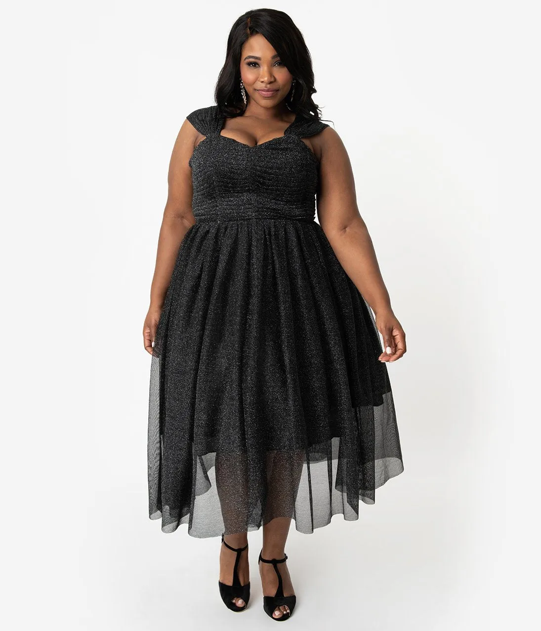 Unique Vintage Plus Size Black & Silver Glitter Garden State Mesh Cocktail Dress