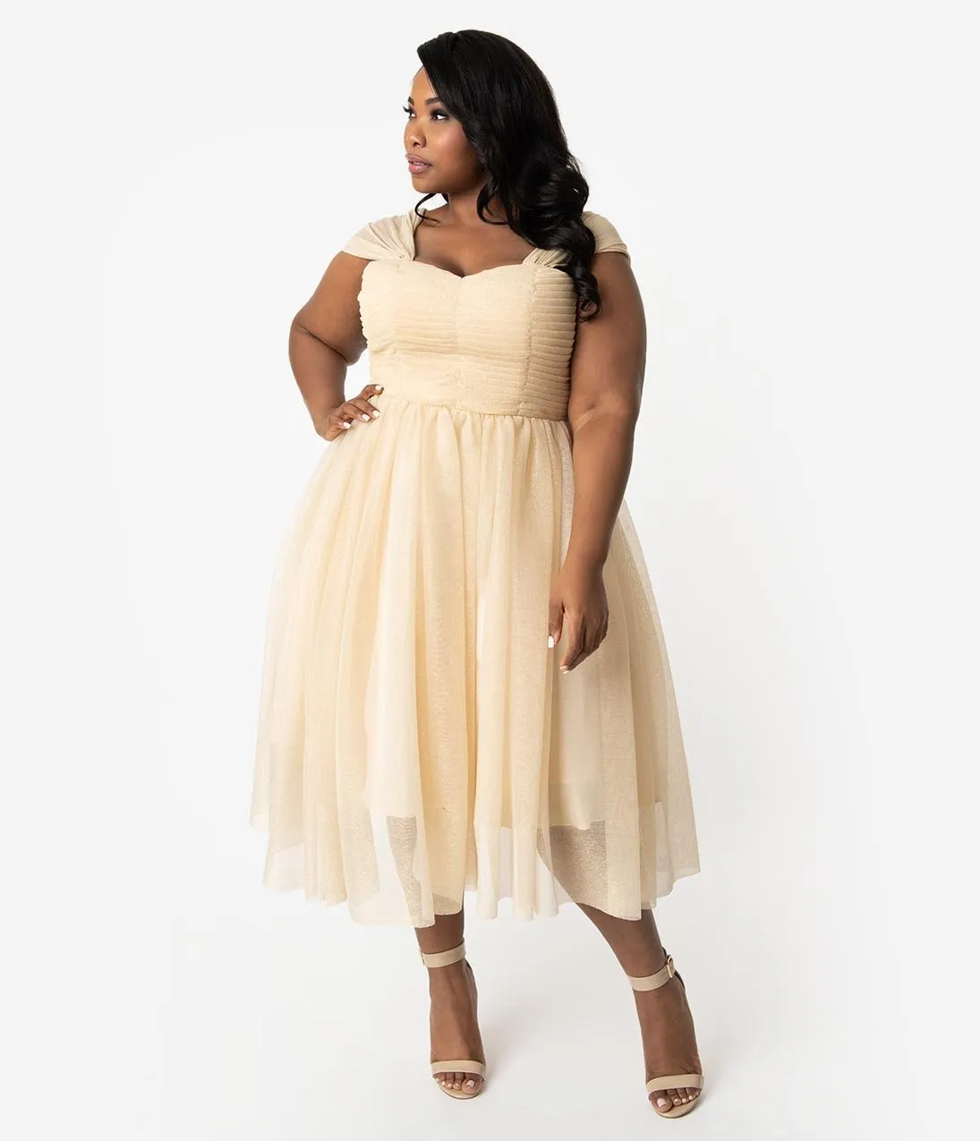 Unique Vintage Plus Size Champagne & Gold Glitter Garden State Mesh Cocktail Dress