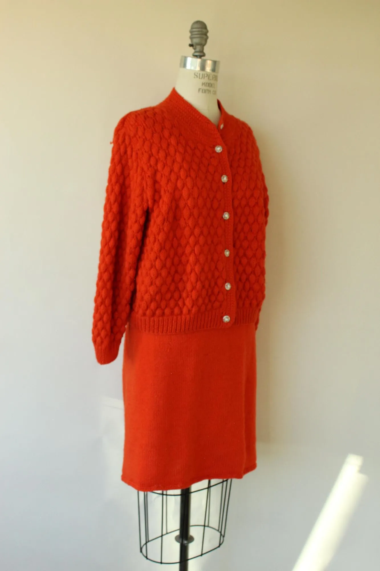 Vintage 1960s Orange Knit Two Piece Cardigan Sweater and Skirt Suit Set