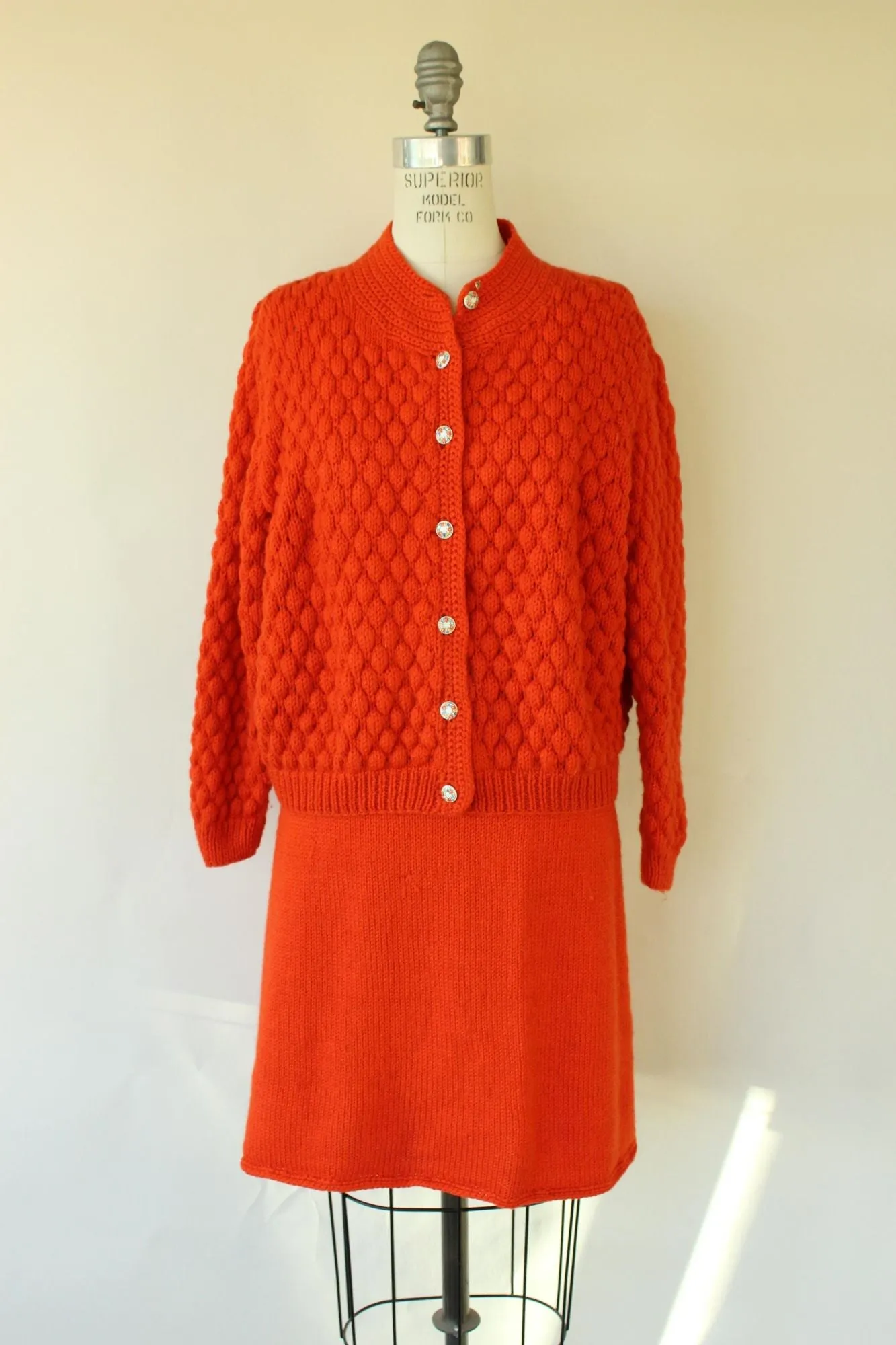 Vintage 1960s Orange Knit Two Piece Cardigan Sweater and Skirt Suit Set