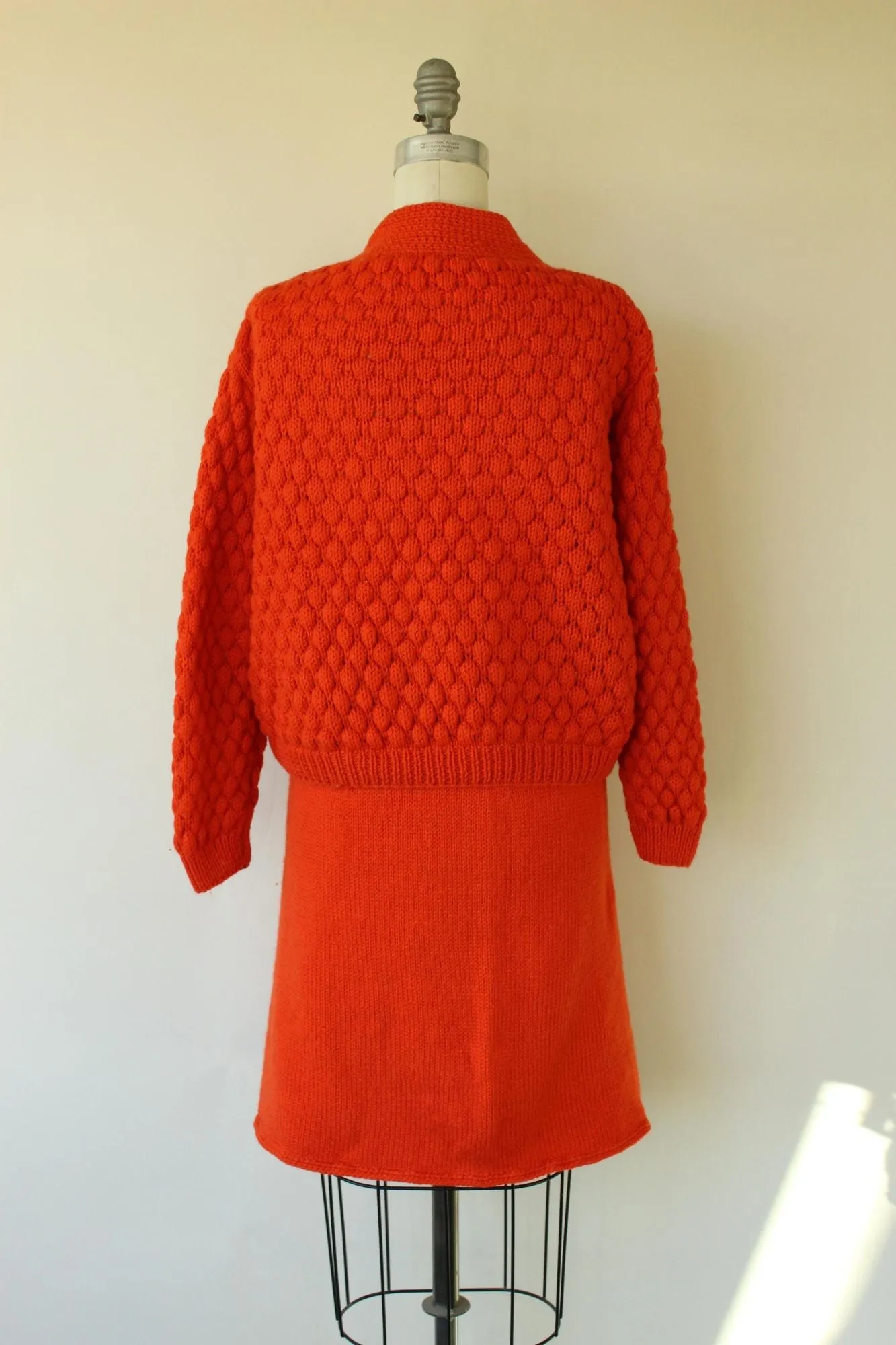 Vintage 1960s Orange Knit Two Piece Cardigan Sweater and Skirt Suit Set