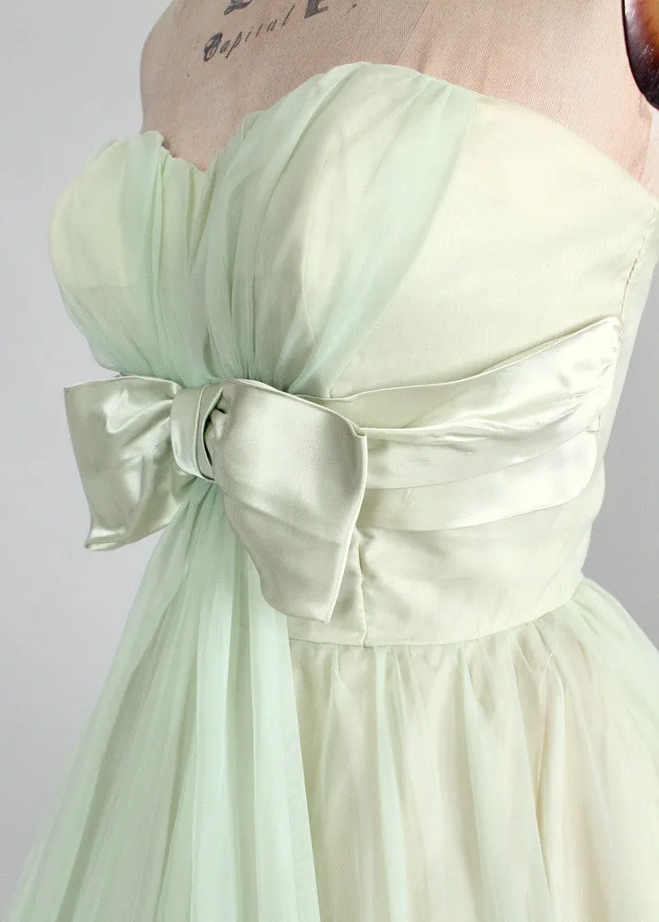 Vintage Early 1960s Minty Green Strapless Prom Dress