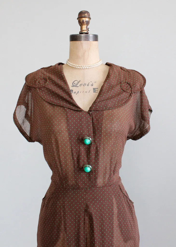 Vintage Late 1940s Sheer Brown and Green Dots Dress