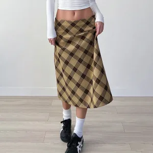 Vintage Yellow Plaid Skirt Women Y2K Aesthetic Japanese Harajuku Straight Midi Skirt Autumn 90s Clothes Low Rise Chic