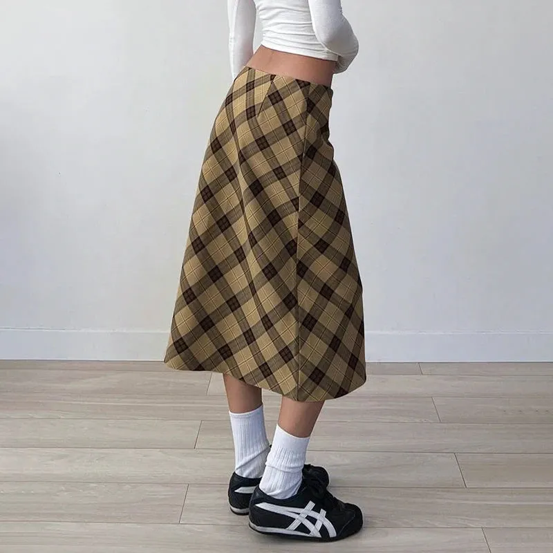 Vintage Yellow Plaid Skirt Women Y2K Aesthetic Japanese Harajuku Straight Midi Skirt Autumn 90s Clothes Low Rise Chic