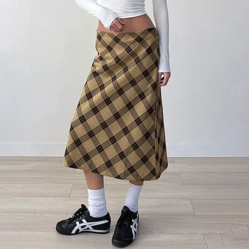 Vintage Yellow Plaid Skirt Women Y2K Aesthetic Japanese Harajuku Straight Midi Skirt Autumn 90s Clothes Low Rise Chic