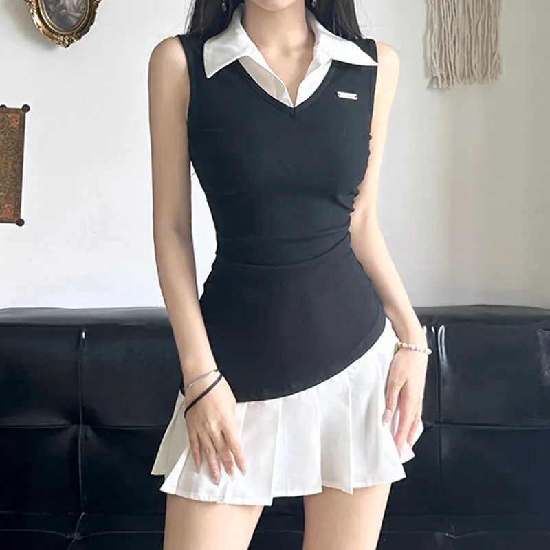 Wenkouban dress shirt Preppy Style Contrast Color Stitching Fake Two-Piece Sleeveless Dress Women's 2024 Summer New Hot Girl Irregular Pleated Skirt