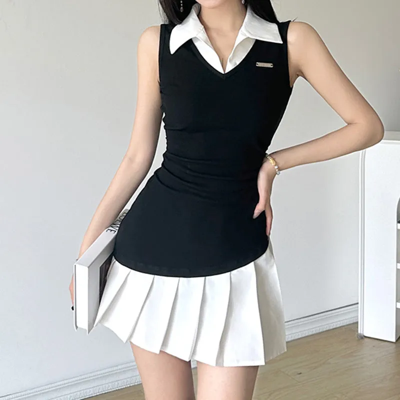 Wenkouban dress shirt Preppy Style Contrast Color Stitching Fake Two-Piece Sleeveless Dress Women's 2024 Summer New Hot Girl Irregular Pleated Skirt