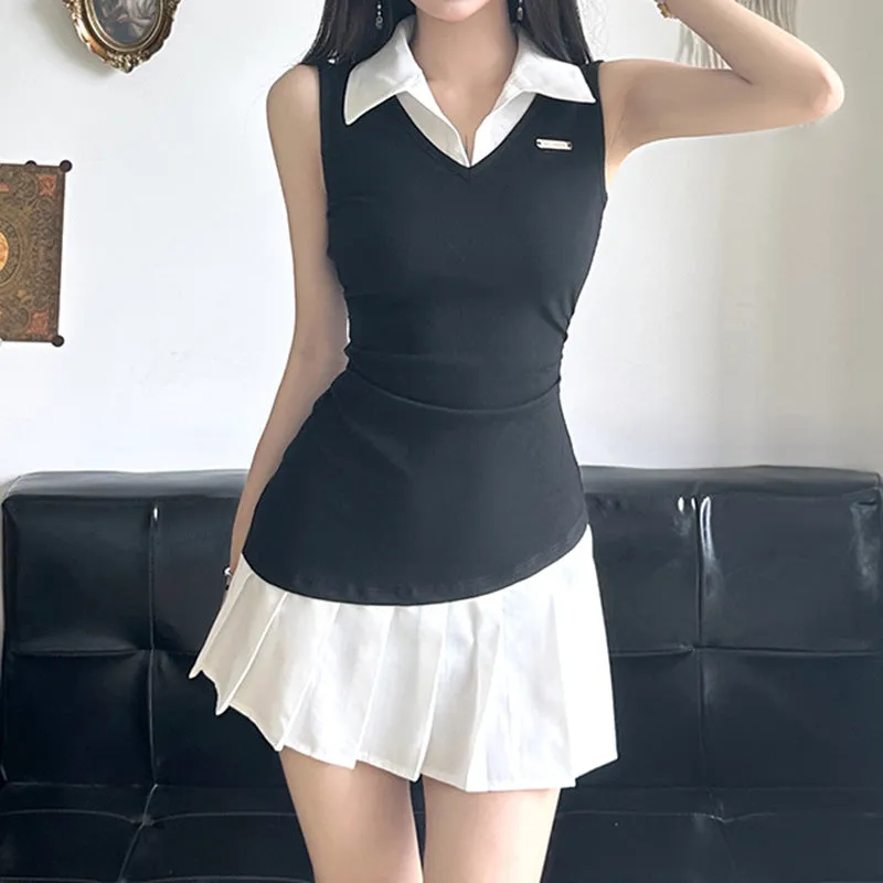 Wenkouban dress shirt Preppy Style Contrast Color Stitching Fake Two-Piece Sleeveless Dress Women's 2024 Summer New Hot Girl Irregular Pleated Skirt