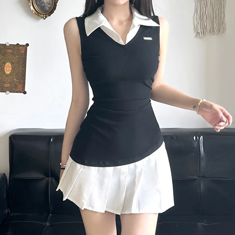 Wenkouban dress shirt Two Piece Pleated Shirt Vest Dress