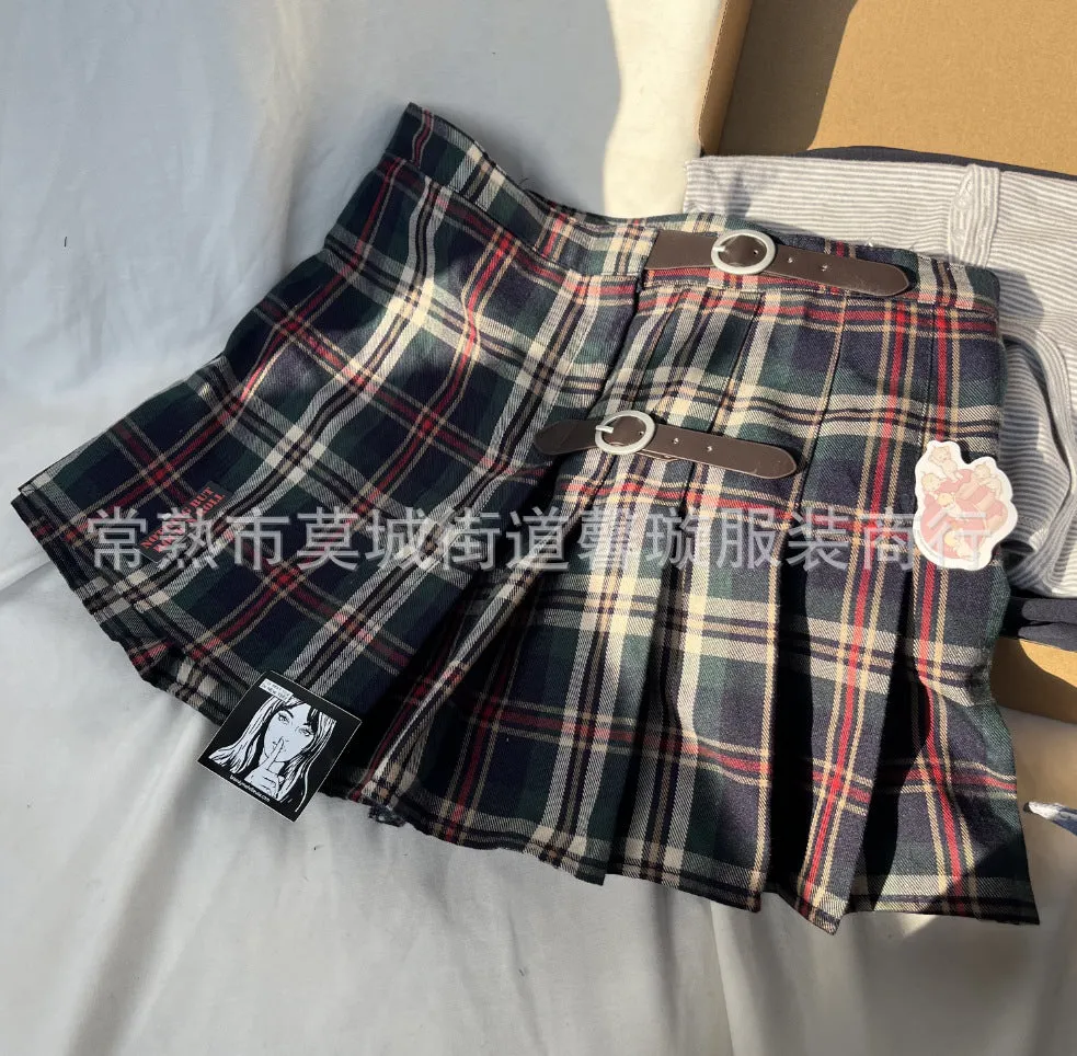 Wenkouban guys in skirts Leather Buckle Plaid Pleated Skirt A- Line Skirt Women's Plaid High Waist Hot Girl Skirt