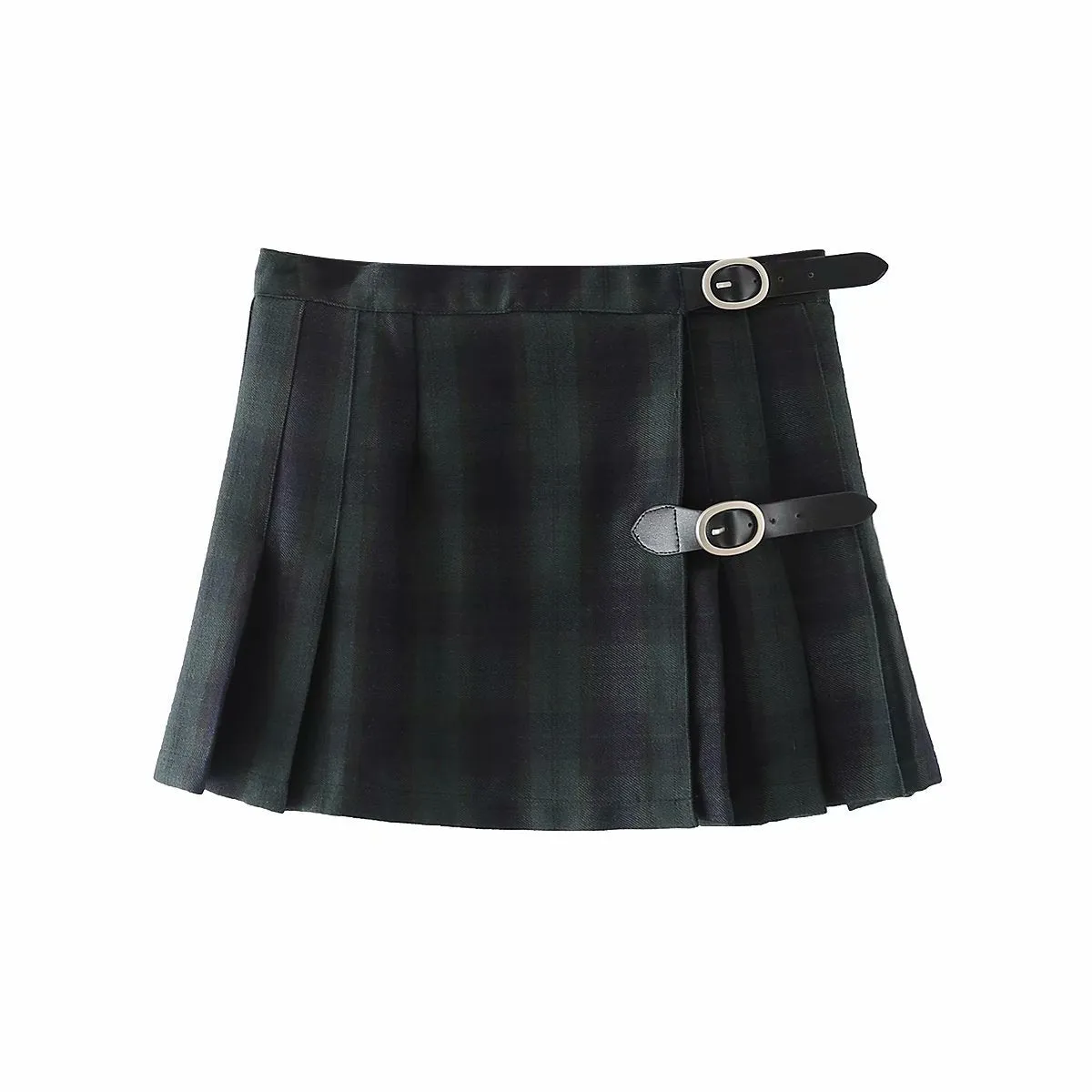 Wenkouban guys in skirts Leather Buckle Plaid Pleated Skirt A- Line Skirt Women's Plaid High Waist Hot Girl Skirt