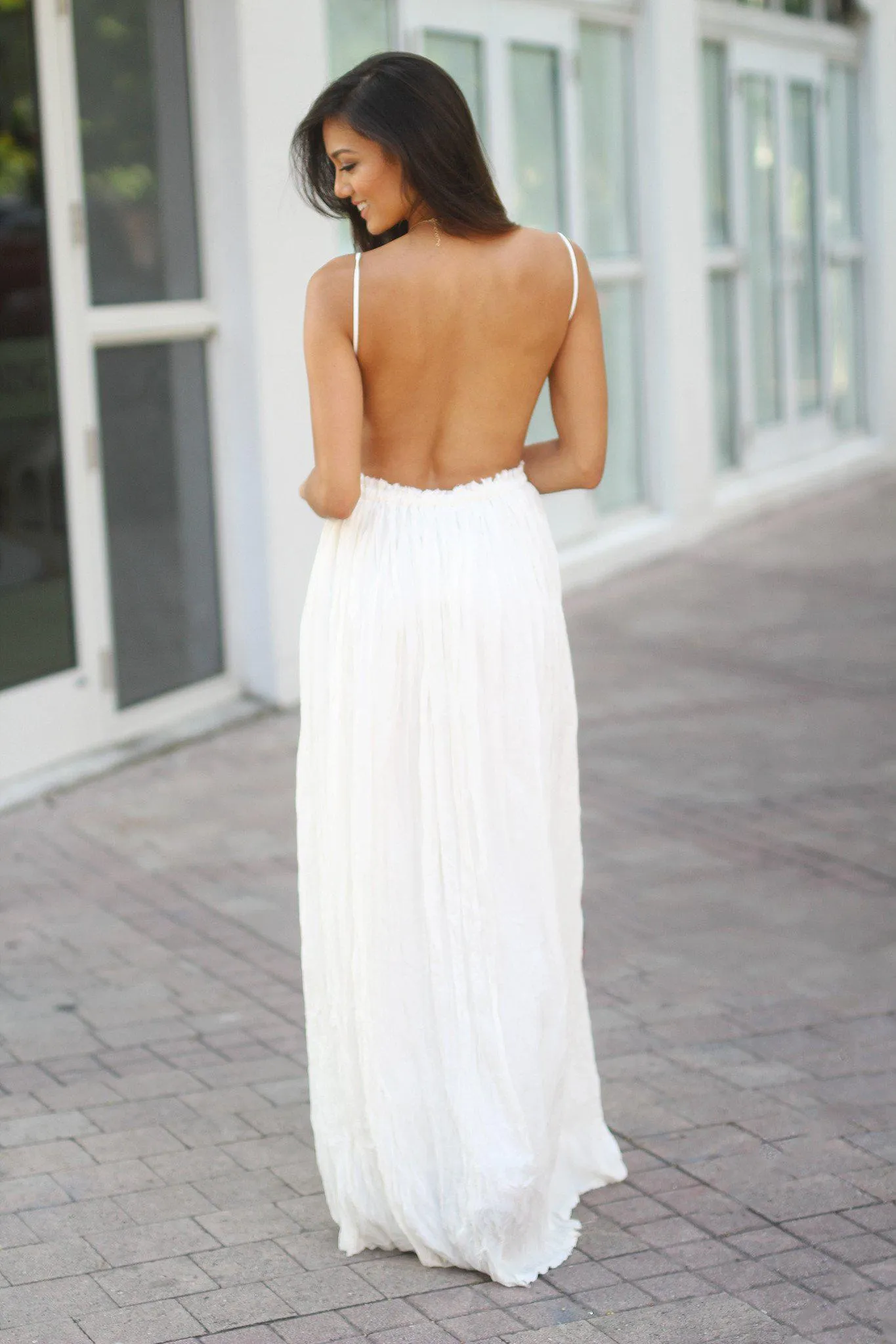 White Lace Maxi Dress with Open Back and Frayed Hem