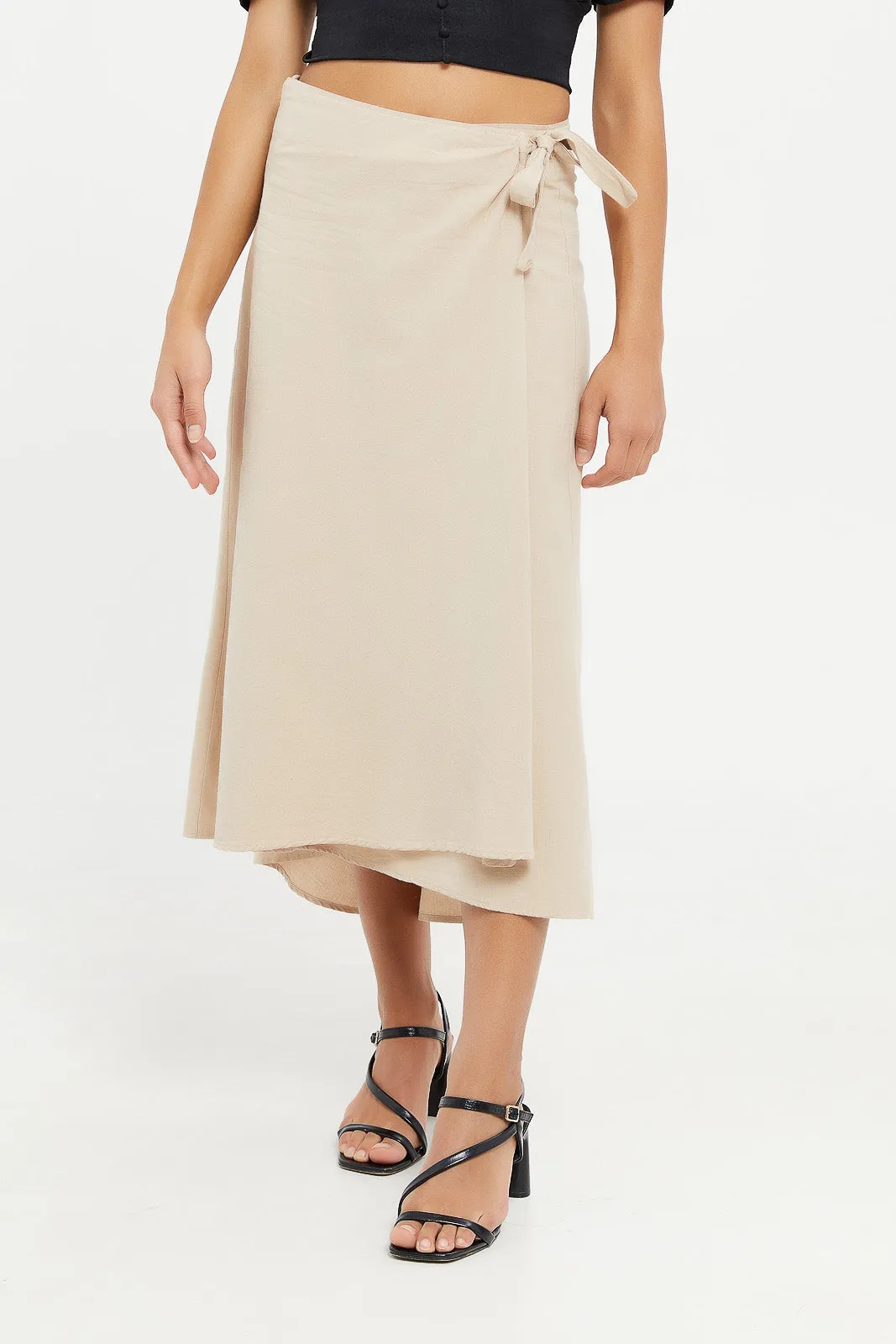 Women Beige Linen Wrap Skirt