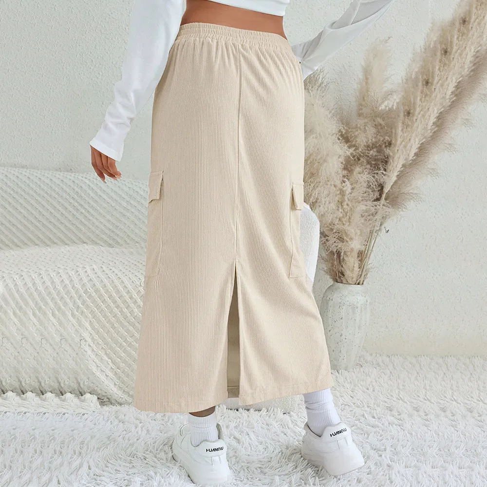 Women Clothing Autumn Winter Loose Casual Straight Leg Split Long Skirt Drawstring Workwear Skirt